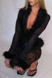 Faux Fur Trim Sheer Long Sleeve Blouse