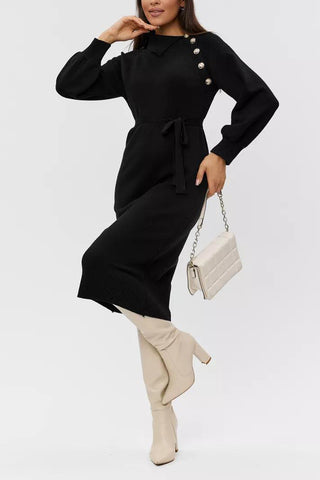 Tie-Waist Button Detail Sweater Dress