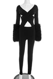 Cutout Long-Sleeve Jumpsuit with Fluffy Cuffs