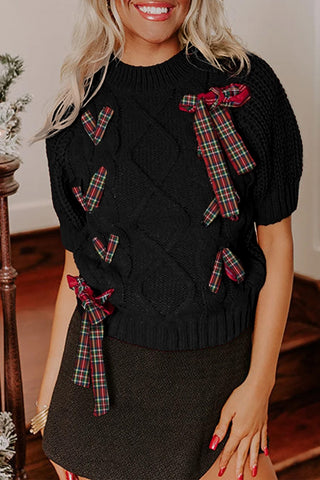 Plaid Lace-Up Puff Sleeve Sweater