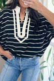 Striped Stand Collar Dolman Sleeve Top