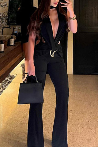 Plunge V-Neck Jumpsuit with Keyhole Detail