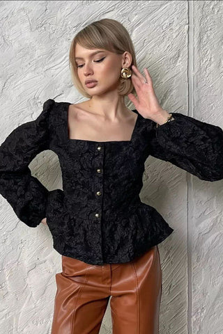 Button-Embellished Peplum Blouse
