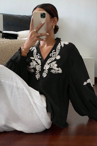 Patterned Button-Down Blouse