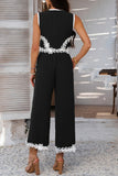 Floral Trim Wide-Leg Pants Set