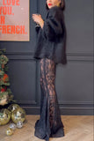 Elegant Sheer-Leg Lace Flare Pants