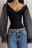 Sheer Sleeve Lace-Up Blouse