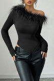 Off-Shoulder Feather-Trim Blouse