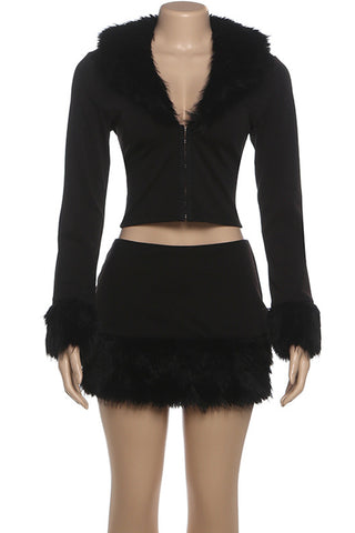 Fuzzy Trim Skirt Set
