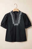 Short Puff Sleeve Contrast Detail V Neck Blouse
