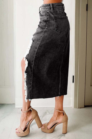 Irregular Distressed Denim Midi Skirt