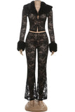 Fur-Trim Lace Top & Pants Set