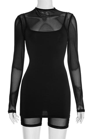 Long-Sleeve Mesh Romper with Layered Dress Set