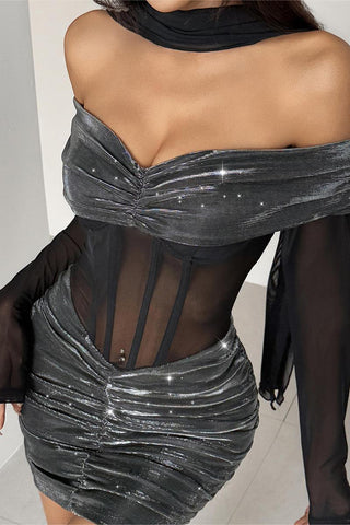 Off-Shoulder Sheer Mesh Mini Dress