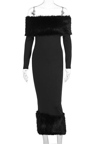 Off-Shoulder Fur Trim Evening Dress
