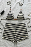 Striped Bikini Set with High-Waist Bottoms