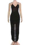 Ruched Mesh Evening Maxi Dress