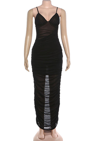 Ruched Mesh Evening Maxi Dress