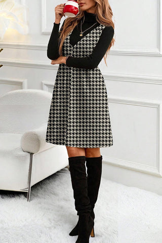 Houndstooth V Neck Sleeveless Mini Dress