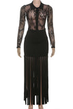 Sheer Lace Top and Fringe Skirt Set