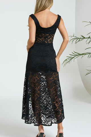 Lace Overlay Off-Shoulder Midi Dress