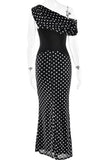 Off-Shoulder Polka Dot Evening Dress