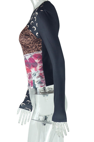 V-Neck Artistic Print Long Sleeve Tee