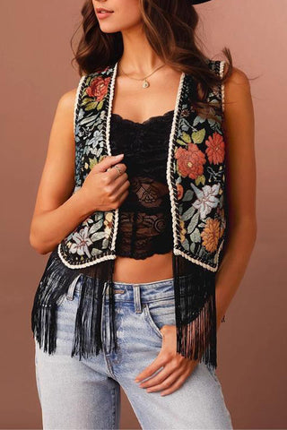 Floral Pattern Fringe Vest