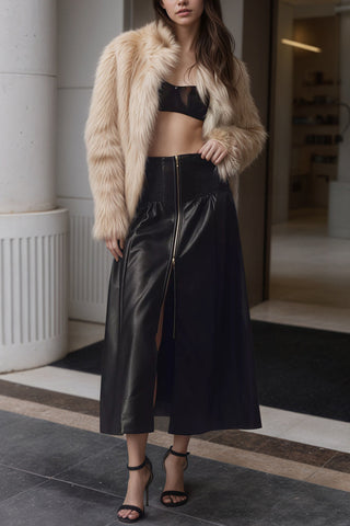 High-Waist Zip-Front Midi Skirt