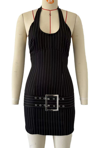 Belted Halter Neck Pinstripe Dress