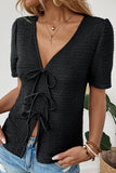 Lace-Up V-Neck Blouse
