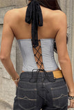 Button-Front Lace and Stripe Tank