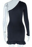 One-Shoulder Belted Ruffle Hem Dress