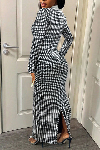 Elegant Houndstooth Long Sleeve Dress