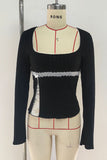 Ribbed Long-Sleeve Blouse with Lace Detail