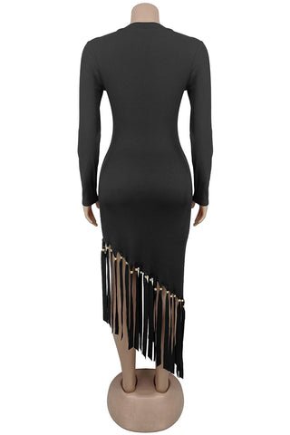 Fringe Hem Casual Dress with Long Sleeves