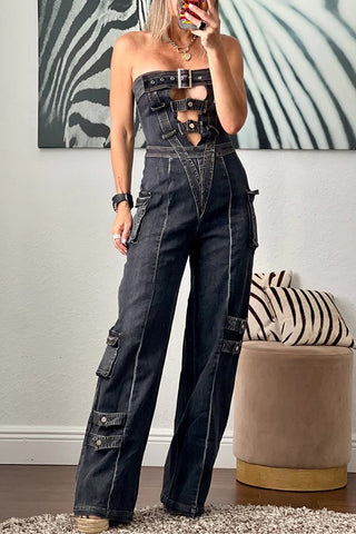 Strapless Cutout Denim Jumpsuit