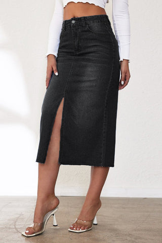 High-Slit Denim Midi Skirt