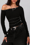 Asymmetric Studded Long Sleeve Top