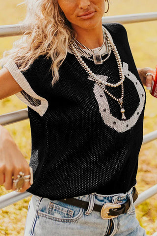 Horse Shoe Pattern Contrast Trim Sweater