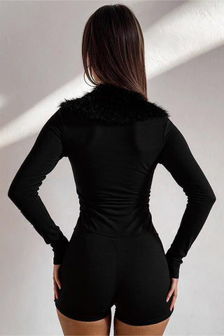 Romper with Hook Detail & Furry Collar