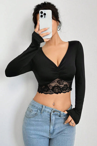 Lace Trim Long-Sleeve Crop Top