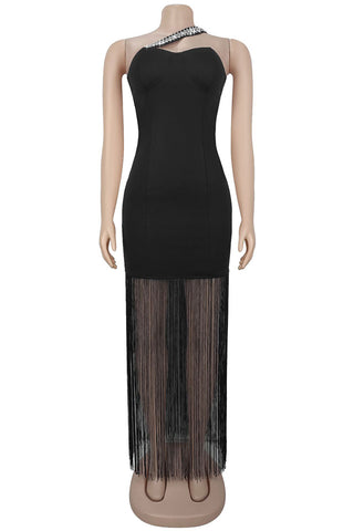 Fringe Detail One-Shoulder Evening Dress