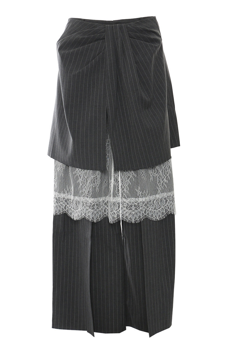 Pinstripe Layered Pants with Lace Detail