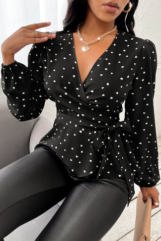 Wrap-Style Heart Print Blouse