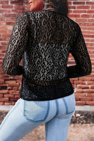 Leopard Pattern Sheer Long Sleeve Top