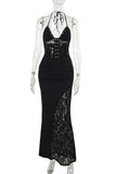 Halter Neck Ruched Lace Maxi Dress