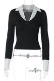 Classic Collar V-Neck Long Sleeve Top