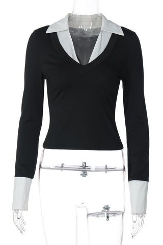 Classic Collar V-Neck Long Sleeve Top