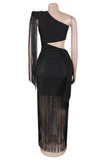 One-Shoulder Fringe Evening Dress